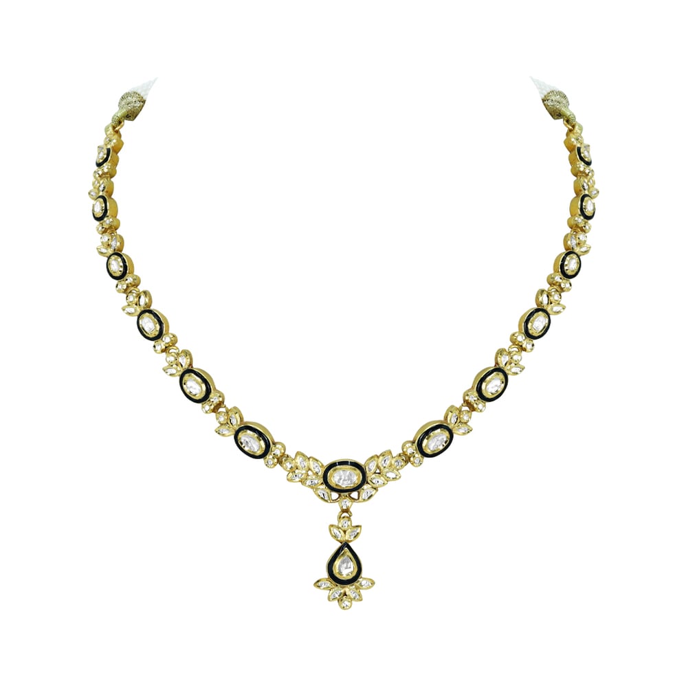 Polki Necklace with Black Meena Oval Motif